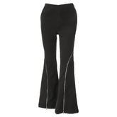 Pantalones de cintura alta con cremallera y pernera acampanada de Techwear en color negro